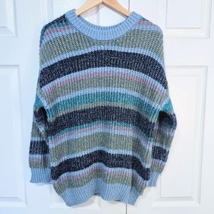 Oversized chunky knit striped blue purple and green sweater